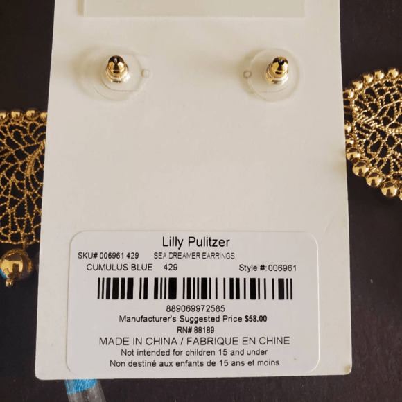Lilly Pulitzer Sea Dreamer Earrings Cumulus Blue Gold Tone Resort Vacation NWT - Picture 5 of 6